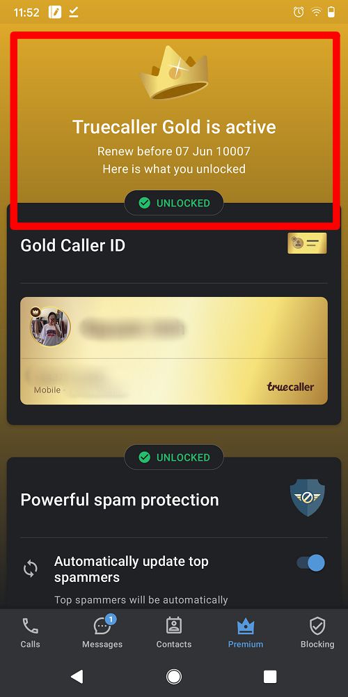 Truecaller-Premium-Unlocked-status